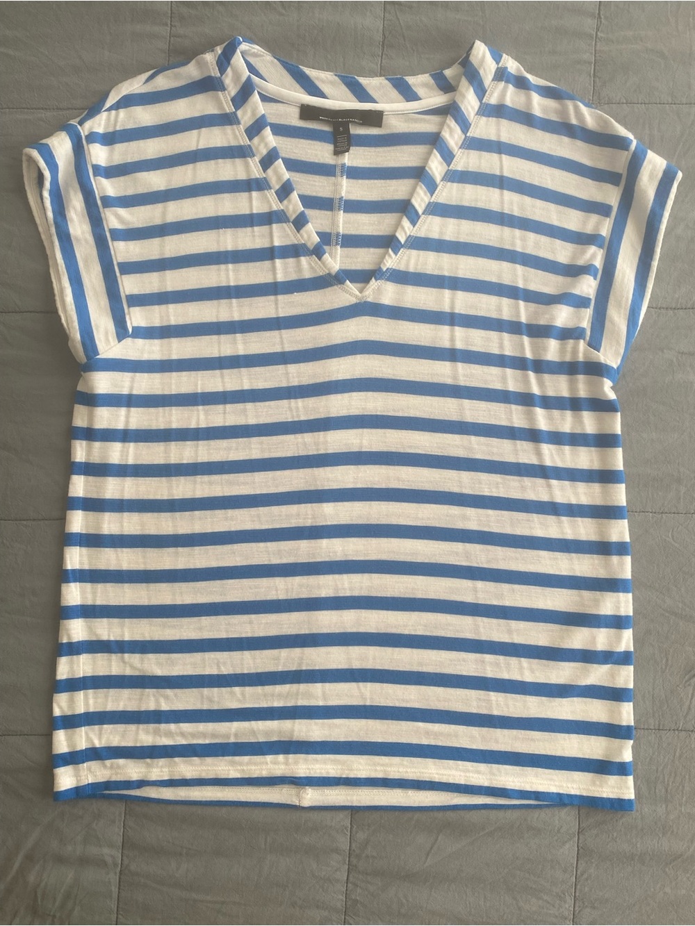 White House Black Market Blue & White Striped V-Neck Tee